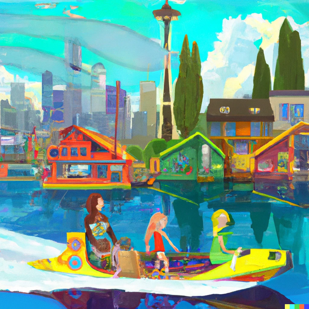 Prompt: woman riding with her family in a floating hippie bus through south lake union and passing boat houses and space needle digital art | 954