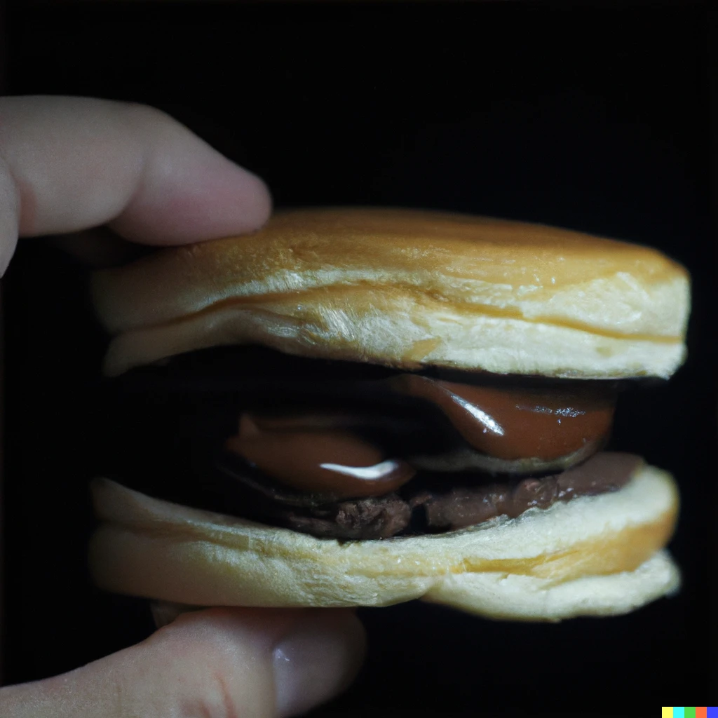 Prompt: a hamburger filled with chocolate