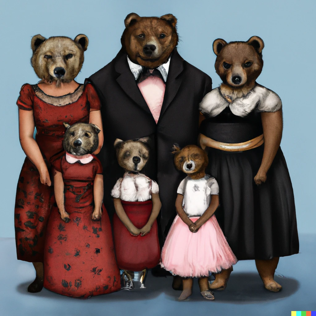 Prompt: a bear family with the father bear wearing a suit on the left side, mother bear wearing a dress on the right side, the eldest daughter wearing a dress on the furthest right, the twin daughters on the middle with dresses and the baby bear wearing a suit on the furthest left side, digital art