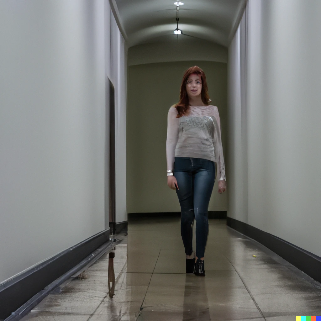 Prompt: a female teenage redhead walking through through a white corridor hallway in the style of charles reid