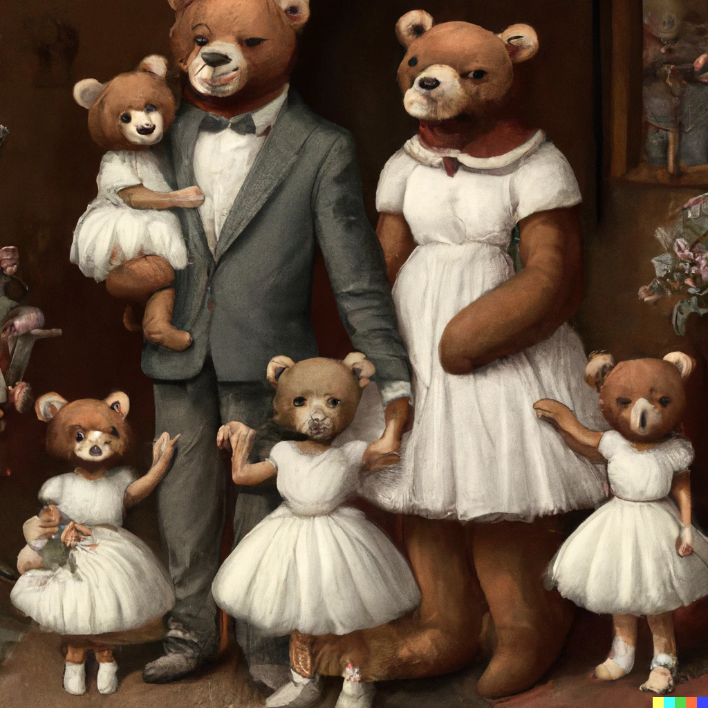 Prompt: a bear family with the father bear wearing a suit on the left side, mother bear wearing a dress on the right side, the eldest daughter wearing a dress on the furthest right, the twin daughters on the middle with dresses and the baby bear in the father's hands on the furthest left side, digital art
