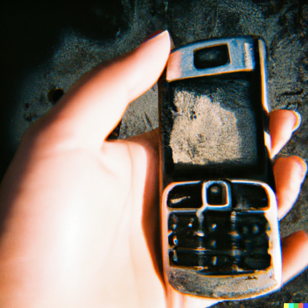 Prompt: a low resolution photograph taken with a disposable camera of a hand holding a fossilized phone