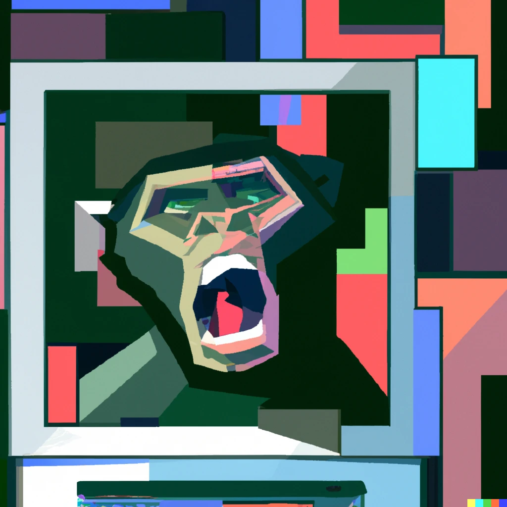 Prompt: a monkey screaming on a 90s computer in the style of cubism