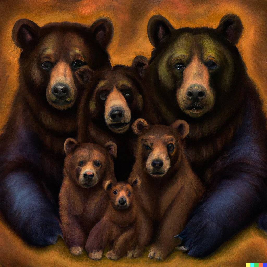 Prompt: a bear family with the father bear on the left side, mother bear on the right side, the eldest daughter on the furthest right, the twins on the middle and the baby bear on the furthest left side, digital art
