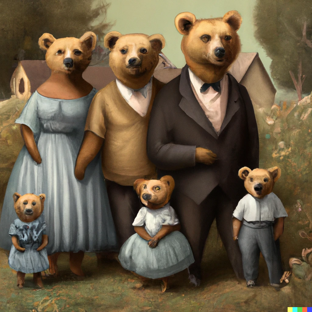 Prompt: a bear family with the father bear wearing a suit on the left side, mother bear wearing a dress on the right side, the eldest daughter on the furthest right, the twins on the middle and the baby bear on the furthest left side, digital art