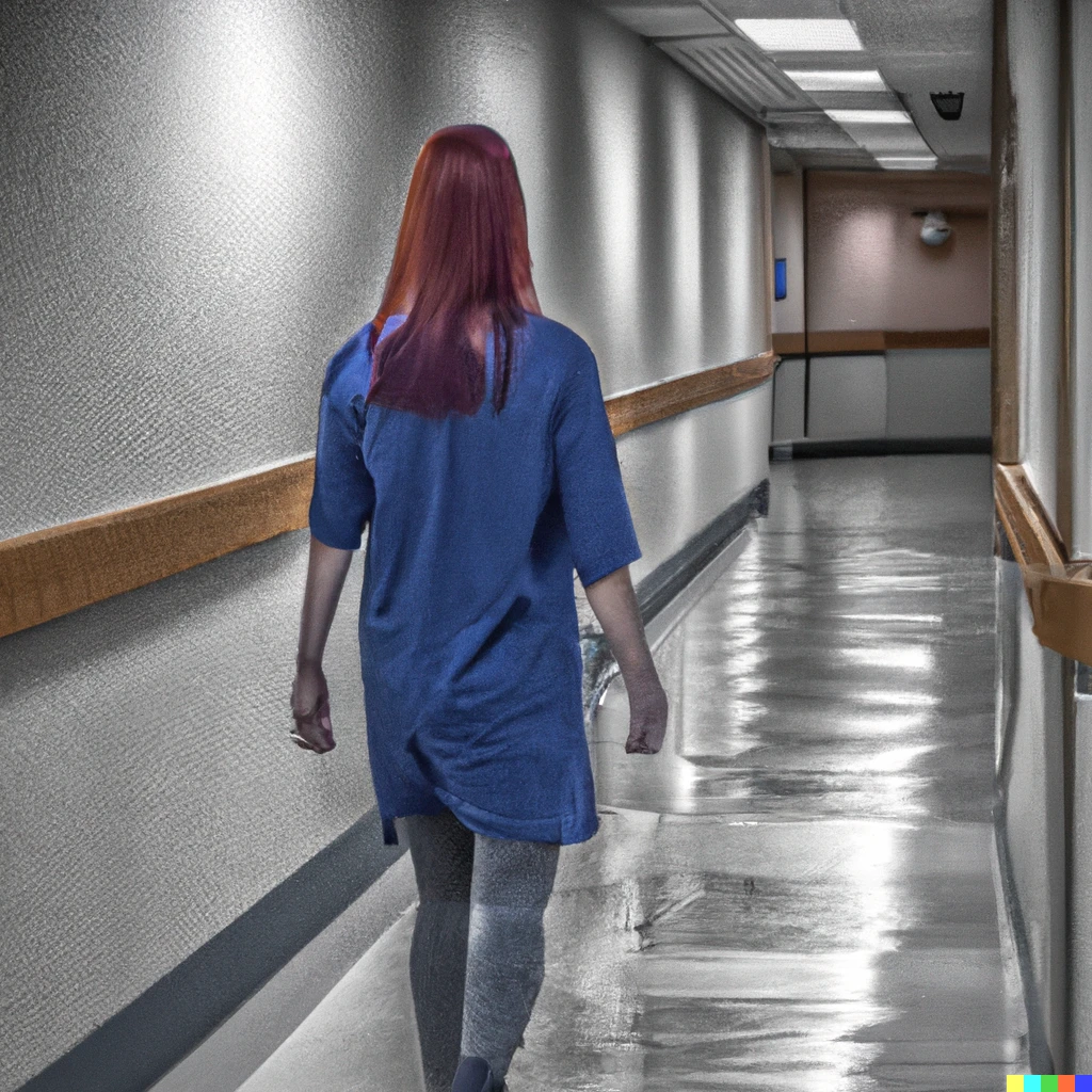 Prompt: a female teenage redhead walking through through a hospital in the style of charles reid