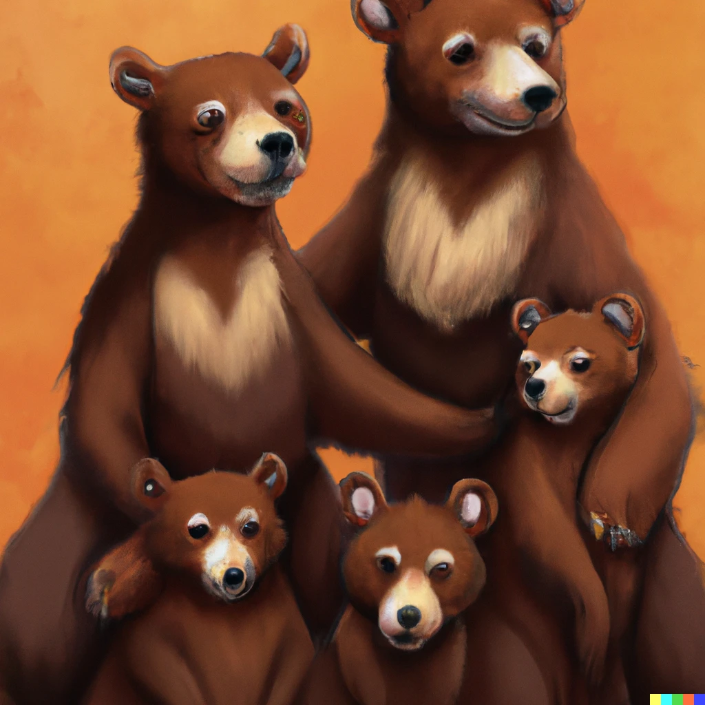 Prompt: a bear family with the father bear on the left side, mother bear on the right side, the eldest daughter on the furthest right, the twins on the middle and the baby bear on the furthest left side, digital art