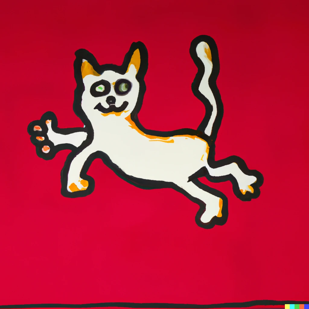 Prompt: a painting of a cat jumping as it's excited on a persian red background by Keith Haring