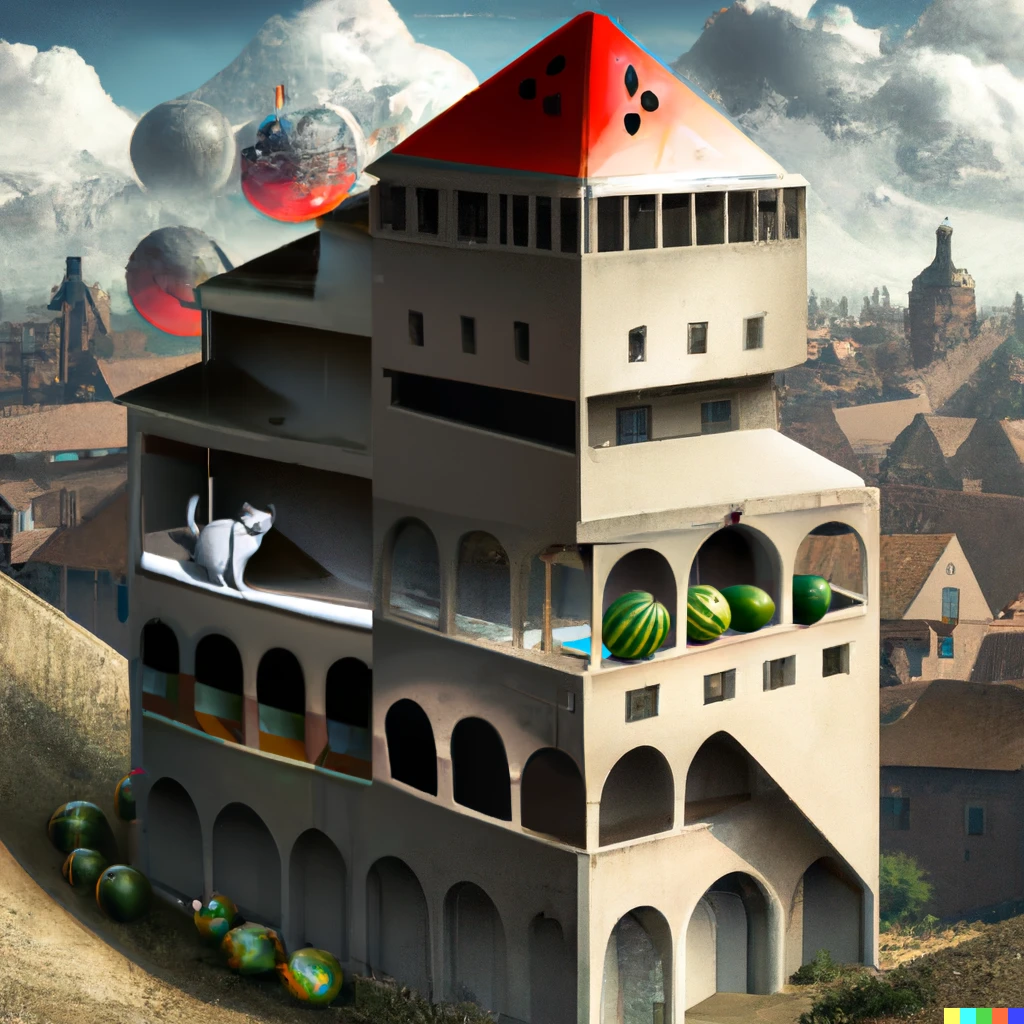 Prompt: a beautiful painting of a building on fire, some small fires, in a serene landscape, with holes in the roof, on fire, many cats, a large black bear, and some large watermelons, by m.c. escher, trending on artstation