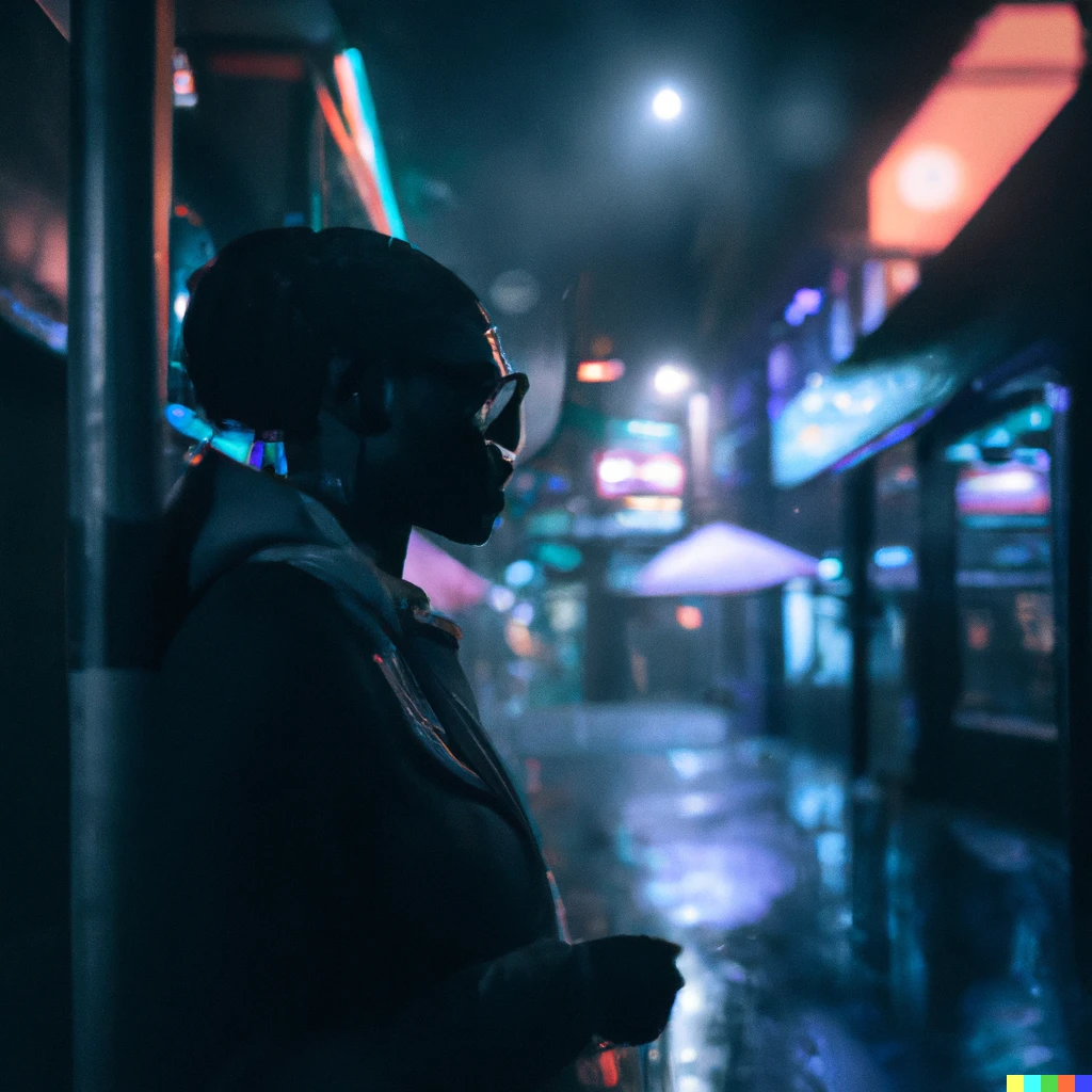 Prompt: A silhouette of a woman smoking in an alley with dim neon lights, in a rainy cyberpunk city at night
