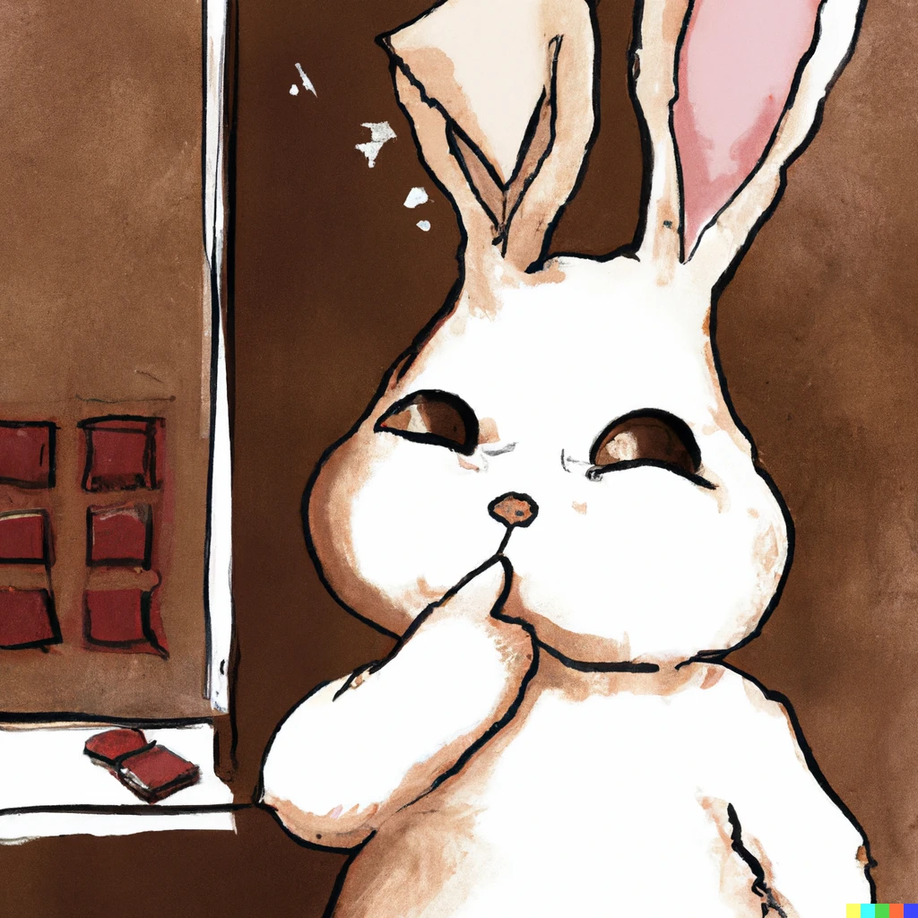 Prompt: A painting of a rabbit thinking about chocolate