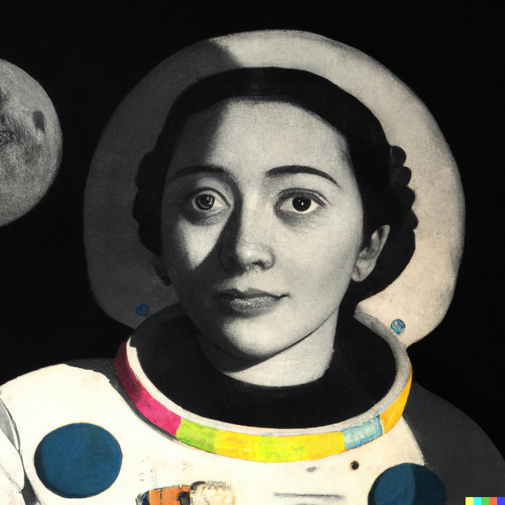 Prompt: A highly detailed photograph of freida kahlo as a Mexican astronaut on the moon, half in shadow,  half in full sunlight 