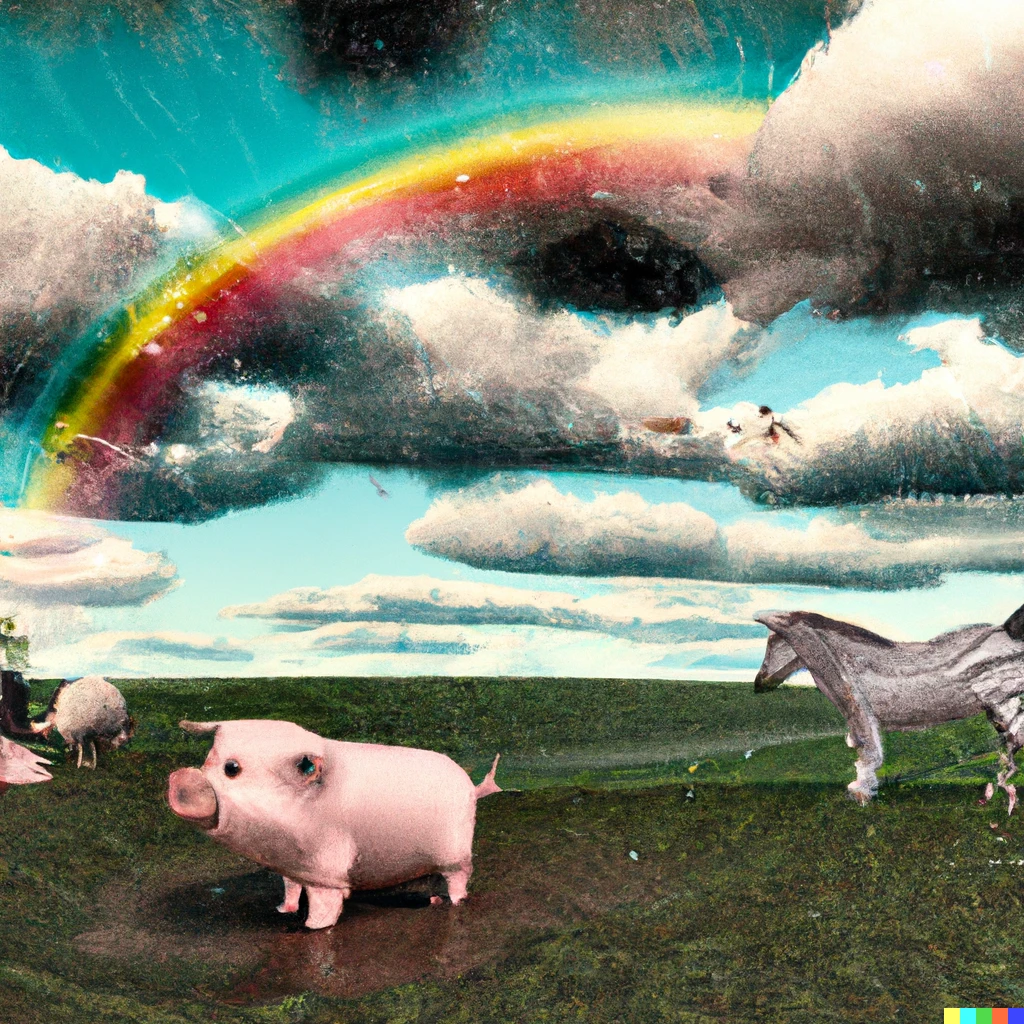Prompt: A 3D render of a pig playing with his other farm animals.  It's a rainy day and the ground is damp but there's a rainbow