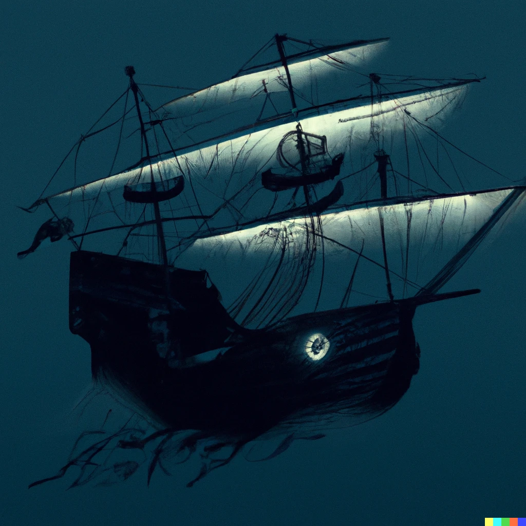 Prompt: A cyberpunk pirate ship sailing on the dark seas in the style of Leonardo da Vinci
