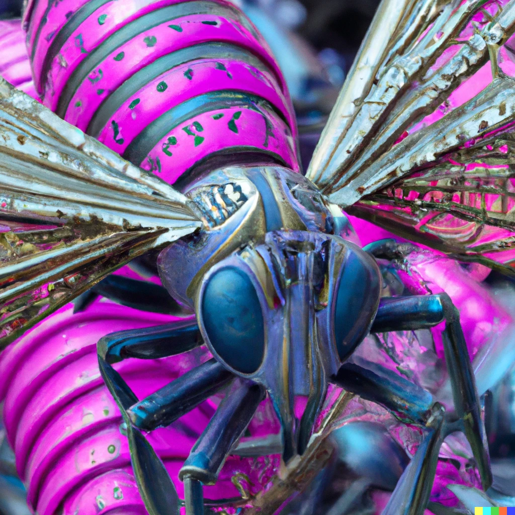 Prompt: closeup shop of a metalic bee colourful photorealistic, higly detailed and intricate