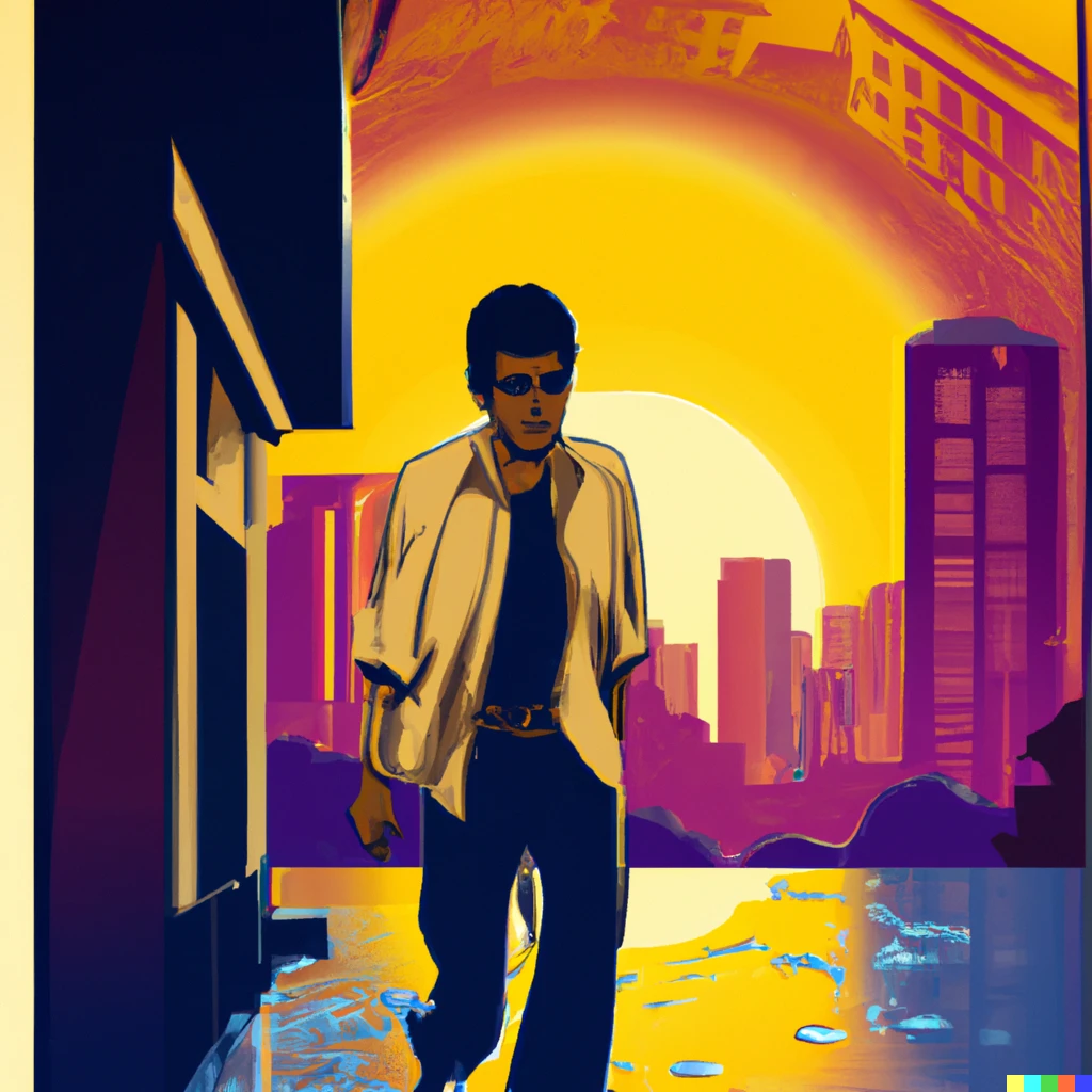 Prompt: Poster of drunk man walking through a rainy city at sunrise 1970s style 