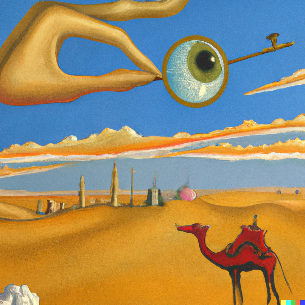 Prompt: Desert scene of a camel walking through the eye of a needle held by the hand of god in the style of Salvador Dali. 