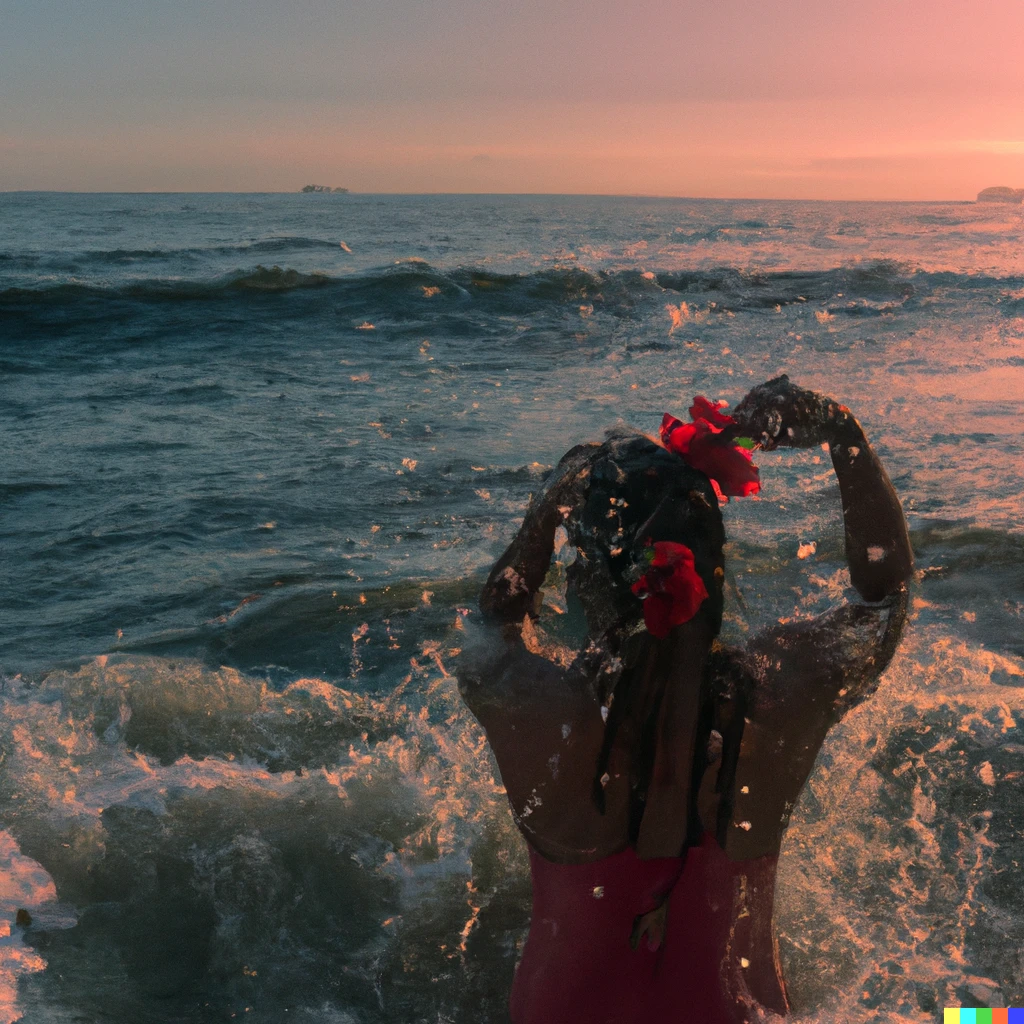 Prompt: A woman washes her hair in the vivid Copabacana ocean with the rotten flowers of Yemanjá, sunrise 