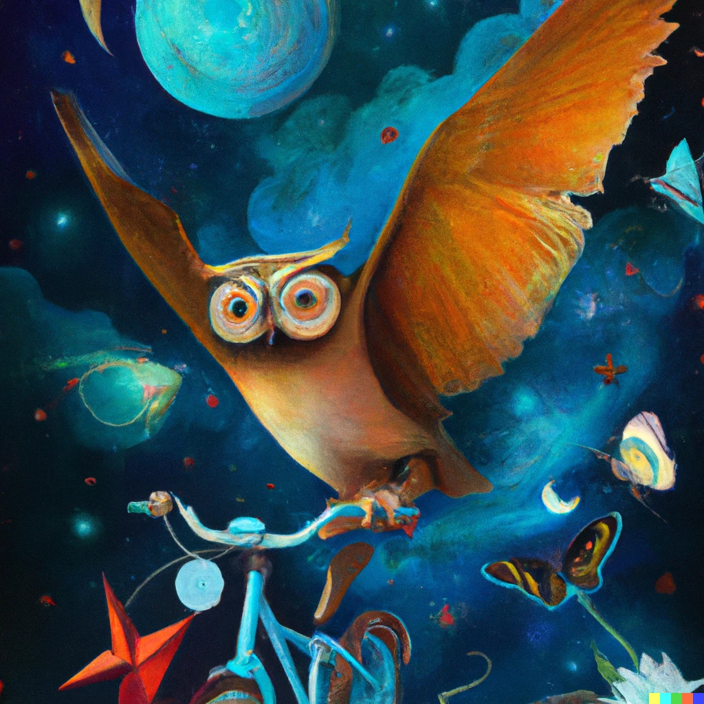 Prompt: an owl riding a bicycle in outer space with butterflies in the style of georgia okeefe, digital art