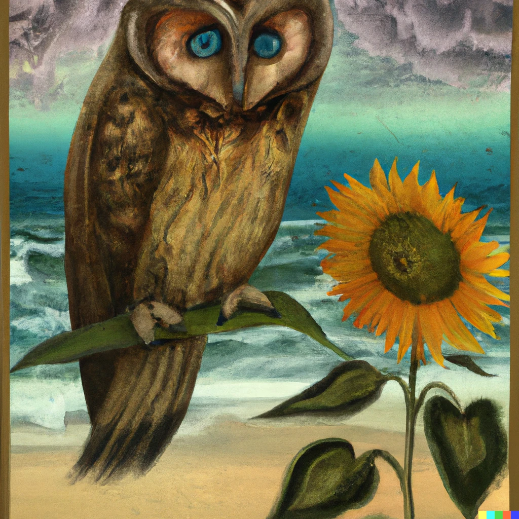 Prompt: an owl and a sunflower on a stormy beach in the style of edward betts