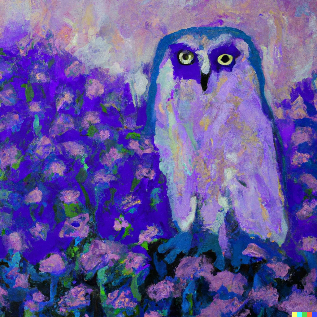 Prompt: an owl in a garden of purple flowers in the style of helen frankenthaler