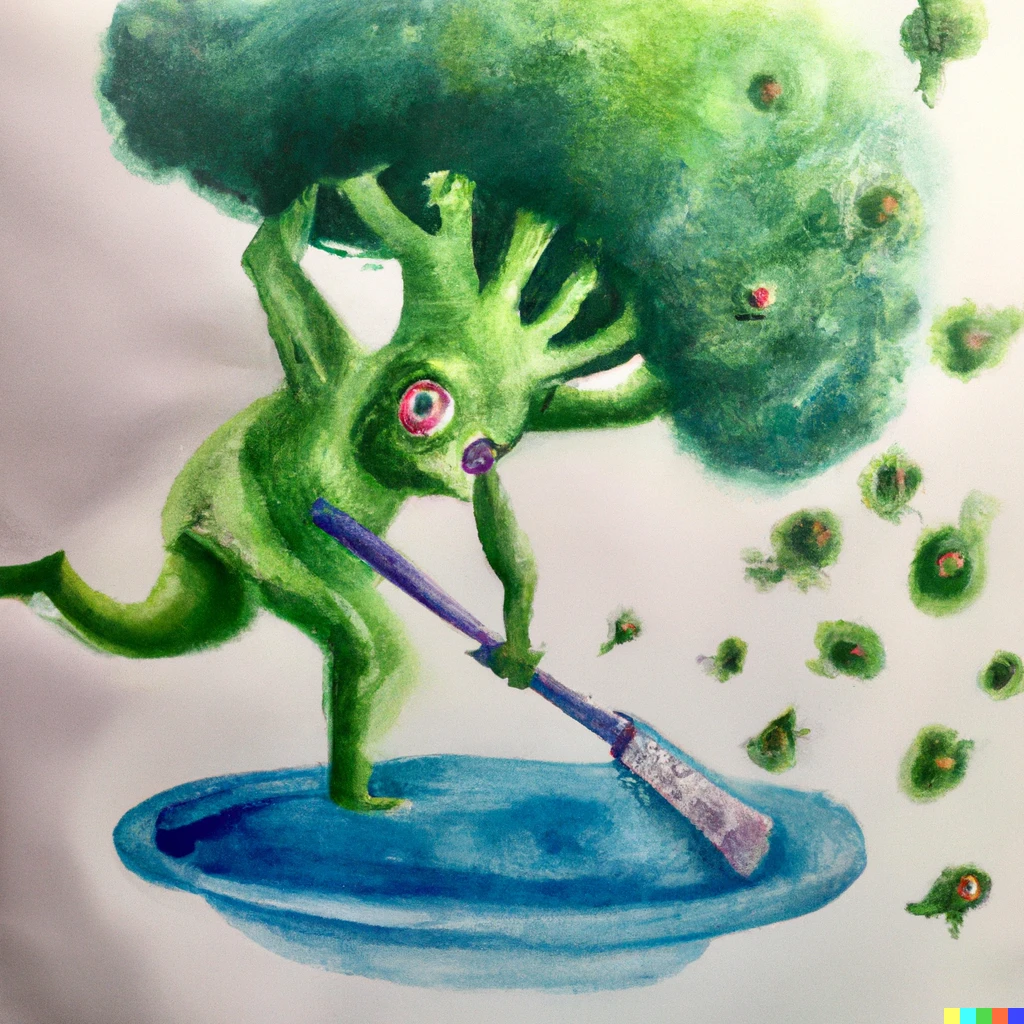 Prompt: Giant Broccoli shaped monster sweeping up Jell-O, watercolor