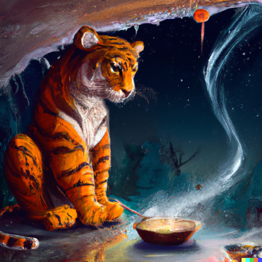 Prompt: A tiger sitting beside a bowl of soup that is also a portal to another dimension, digital art
