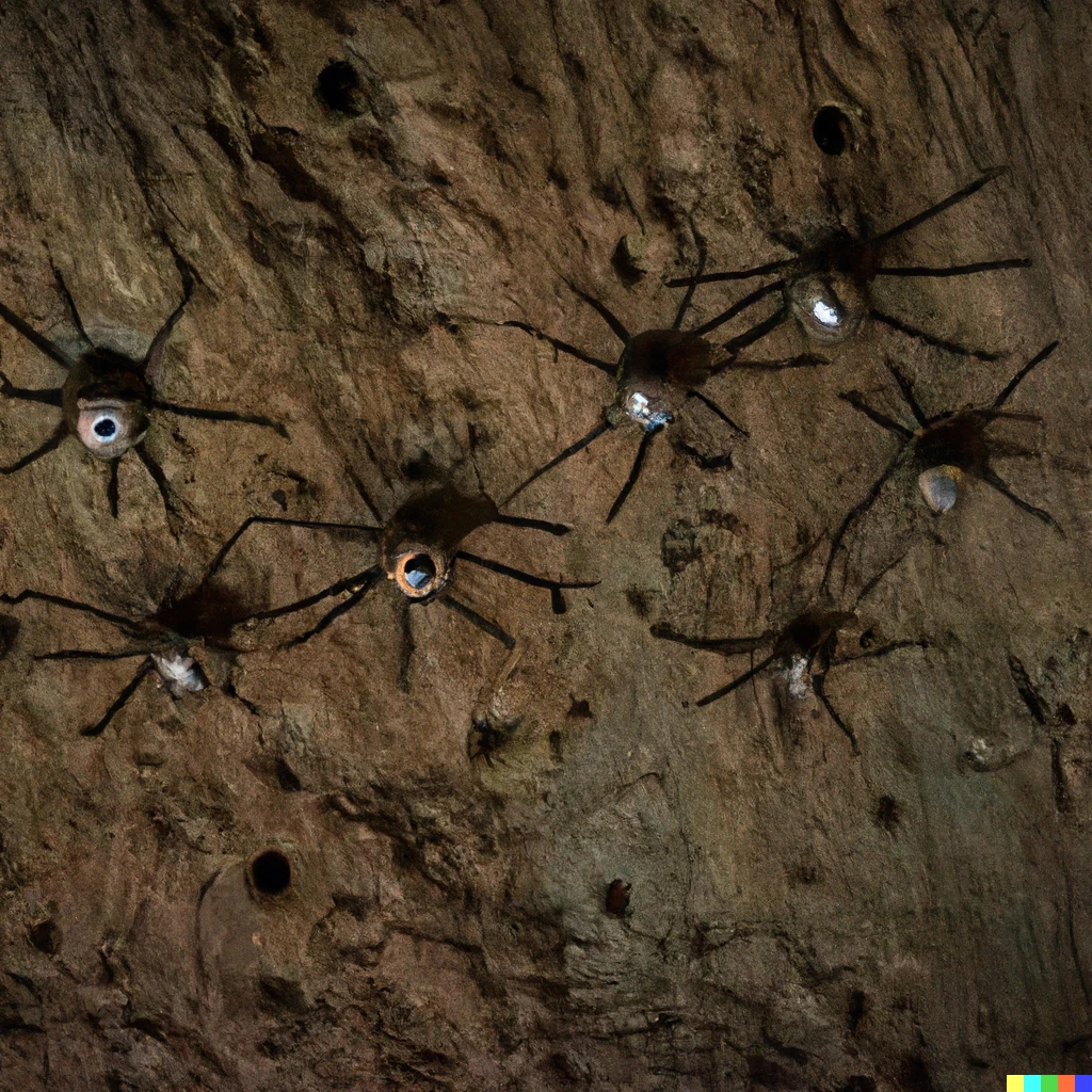 Prompt: spiders made of eyeballs in a cave