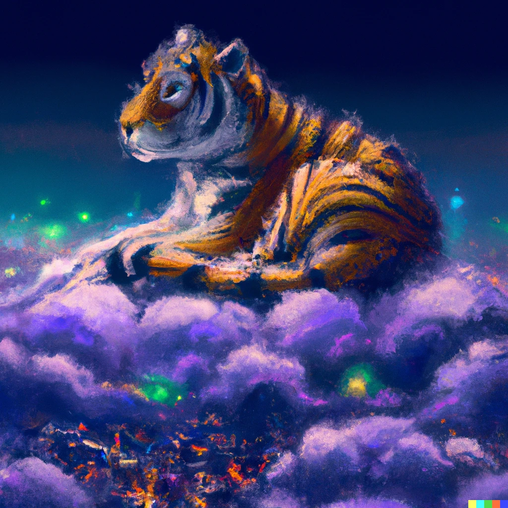 Prompt: A tiger sitting On a cloud looking over a city full of lights at night, digital art