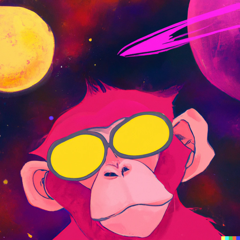 Prompt: A pink monkey in the lo-fi style with yellow sunglasses and space background with planets. Hd