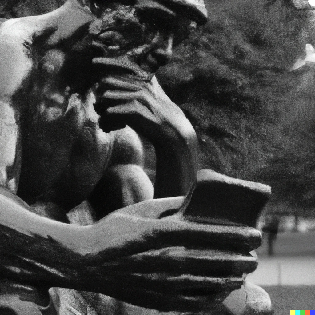 Prompt: rodin's thinker with an iphone