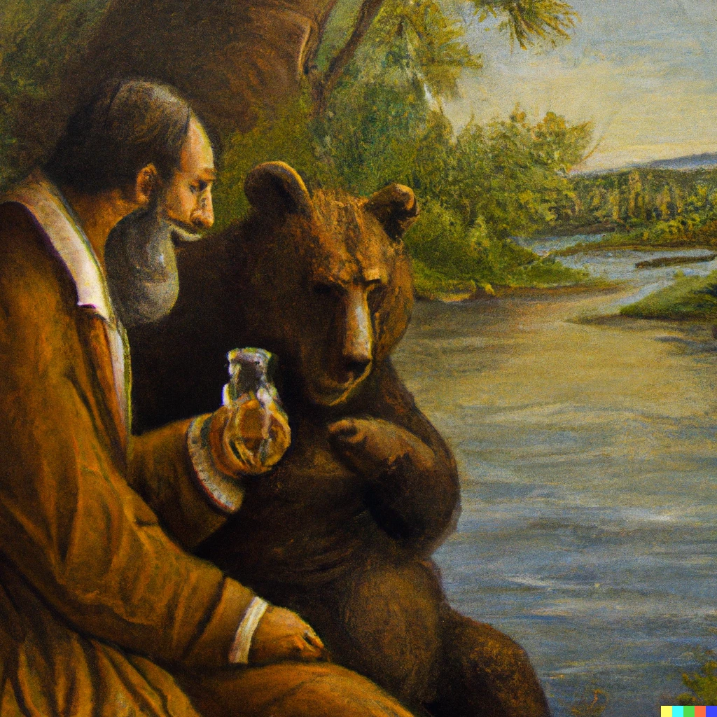 Prompt: A renaissance oil painting of a bear and a man with a goatee sitting by the river having a drink.