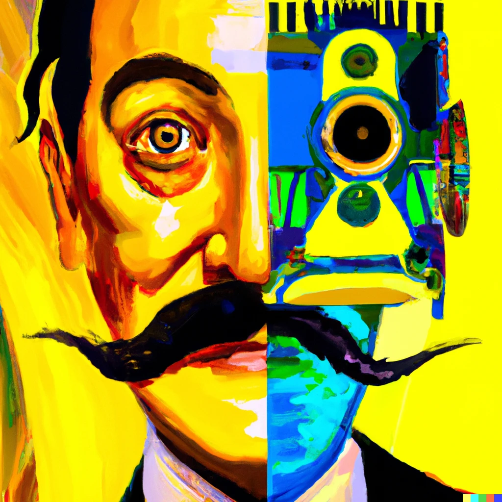 Prompt: Vibrant portrait painting of Salvador Dalí with a robotic half face