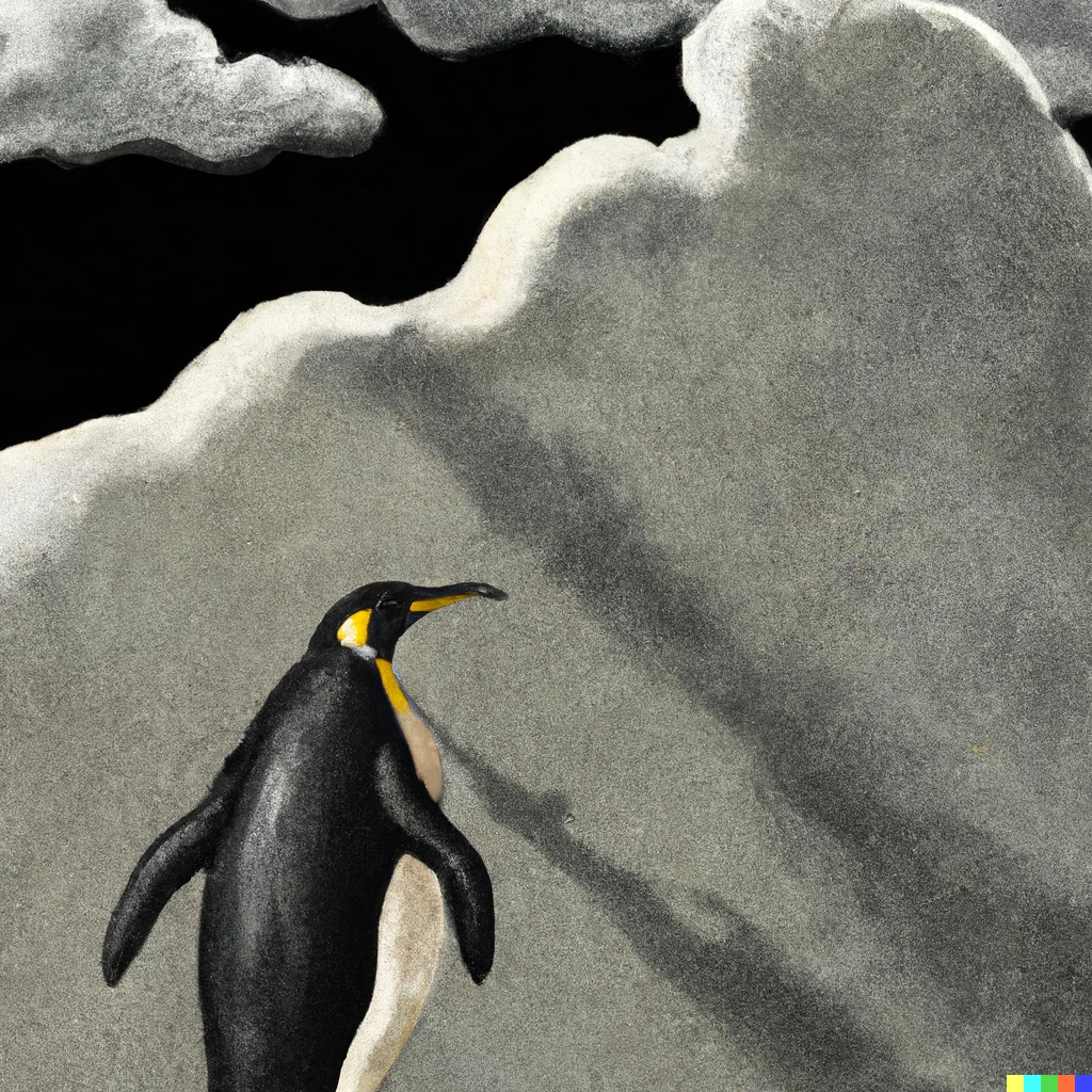 Prompt: Renaissance paint of a penguin on a gnu climbing an ominous mountain that pierces a gloomy sky