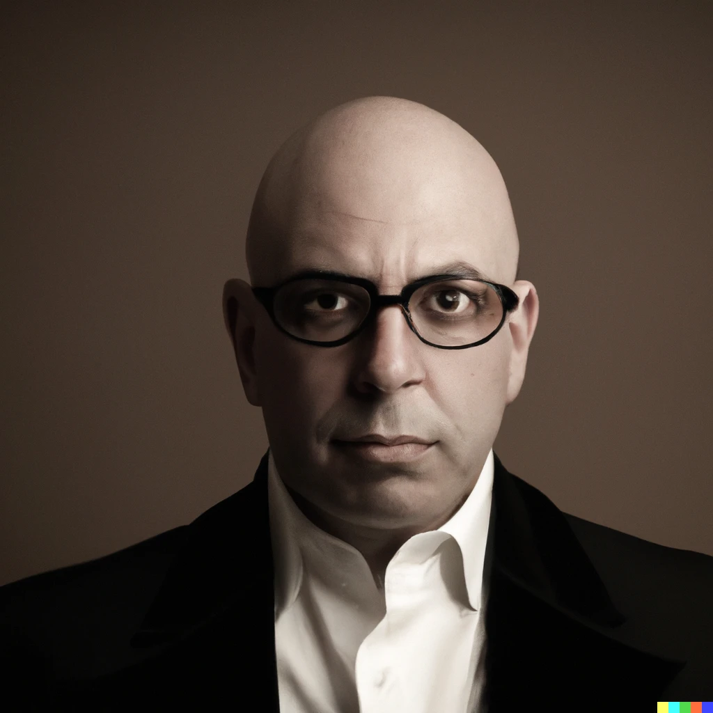 Prompt: a  photograph of a bald man wearing horn-rimmed glasses and a black suit and white shirt with a big collar