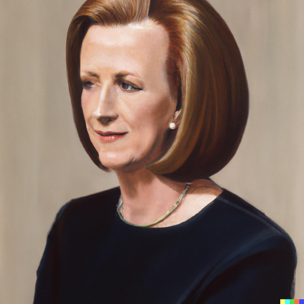 Prompt: Margaret Thatcher with straight, shoulder length hair, aged 47, digital art