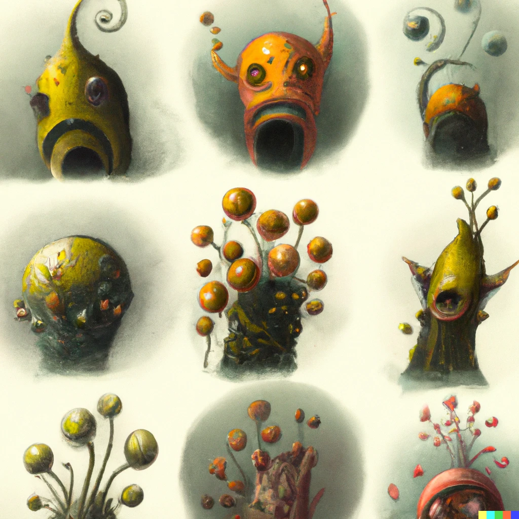 Prompt: concept art, illustration, Scary monsters and superfreaks from a different planet, high sci - fi, ominous, fiery, vines, spores, spooky little faces, lichen, orchid-like flowers, different kinds of some ridiculous little animals, concept art by Ballaberg, lovecraftian