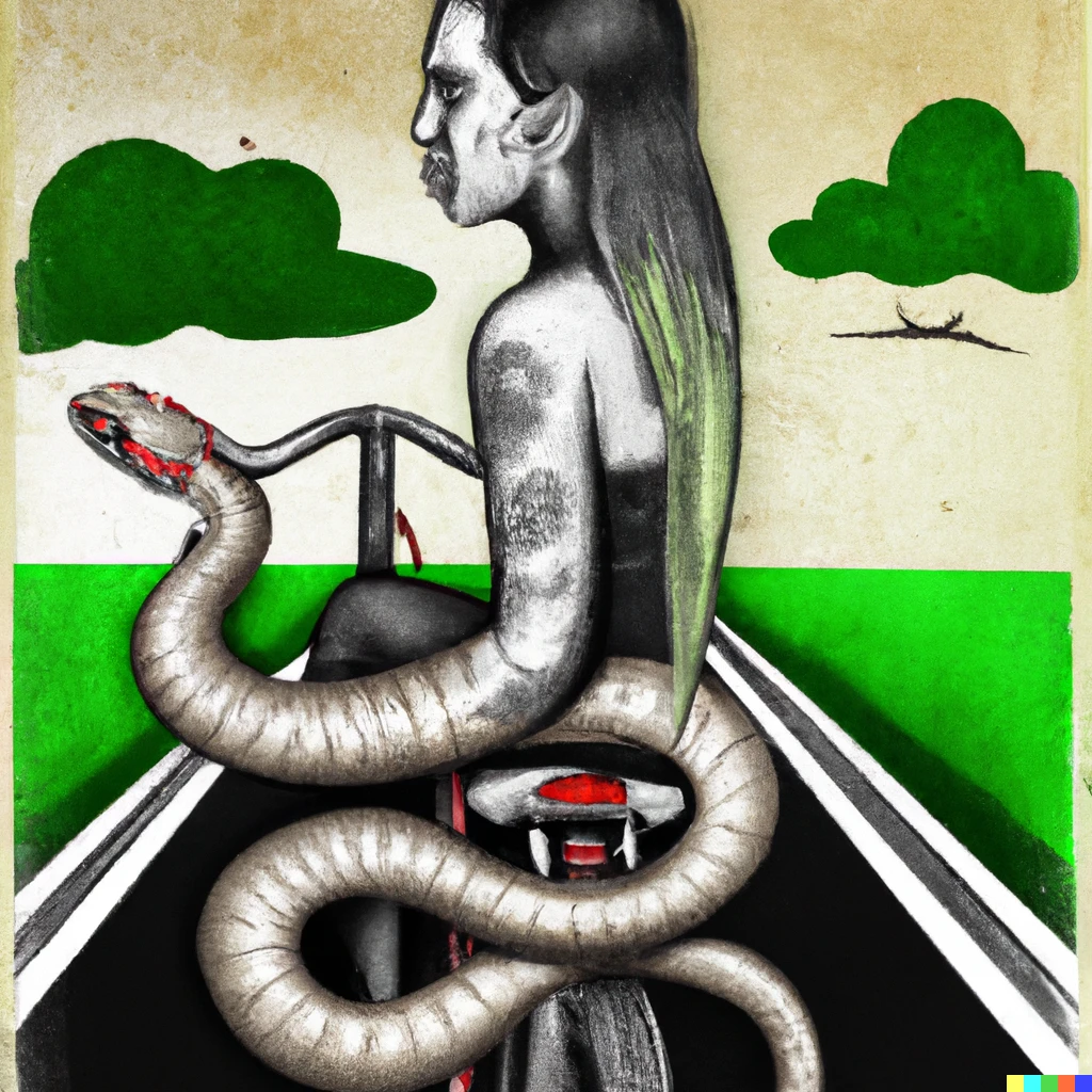 Prompt: A girl with a snake tattoo on a bicyle on the highway to hell