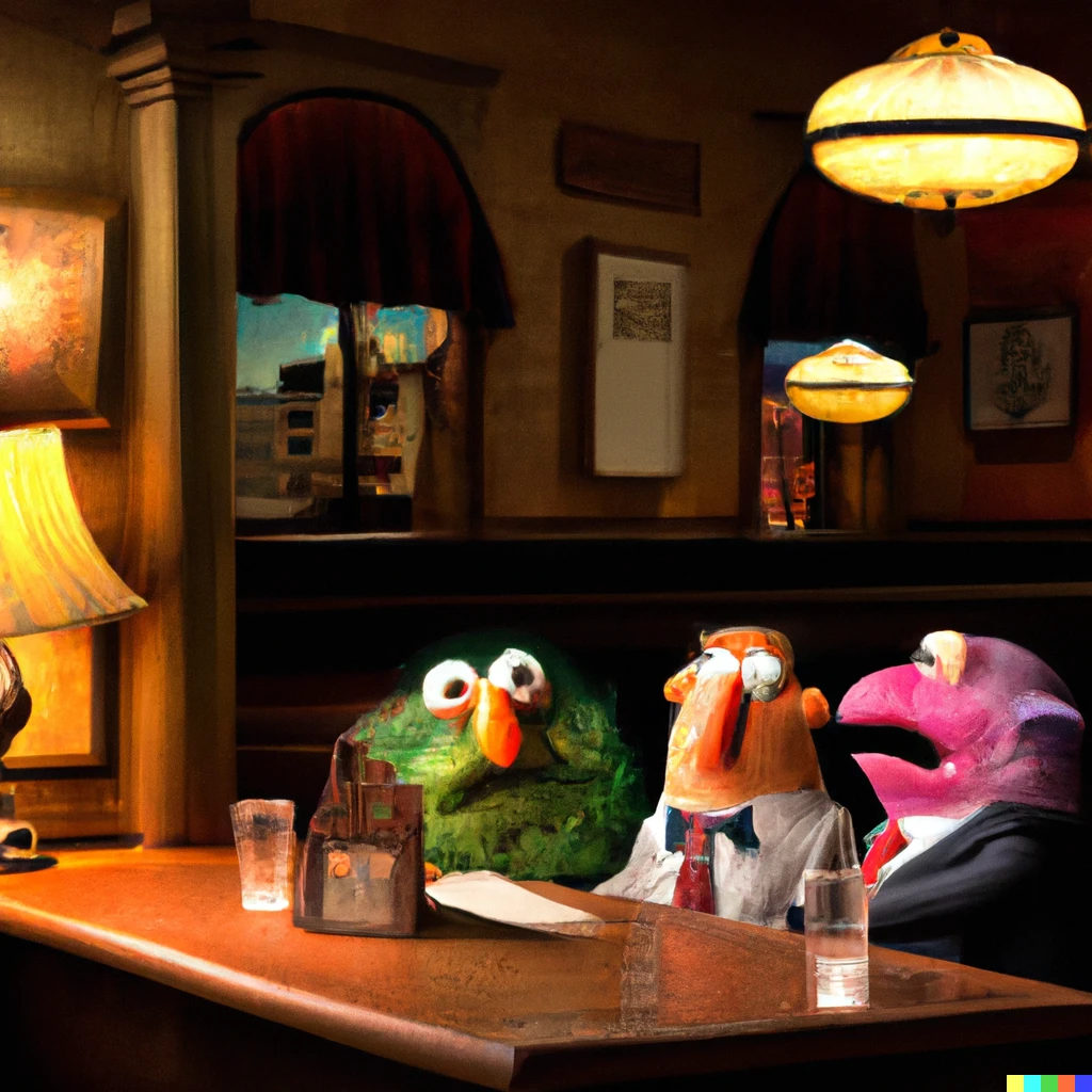 Prompt: Edward Hoppers Nighthawks but as a photo with muppets