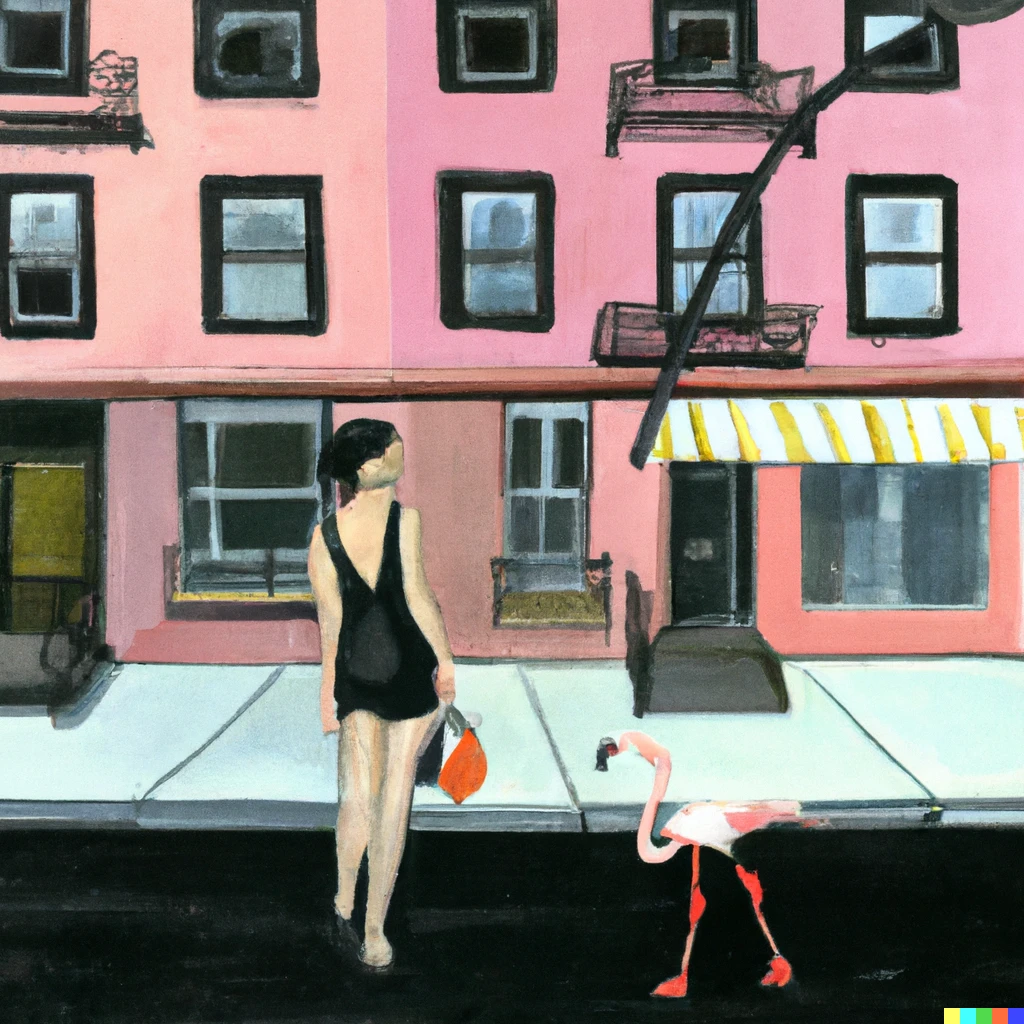 Prompt: A painting in the style og Edward Hopper of a young black haired woman walking in the street of 1960s New York with a pink flamingo an a leash