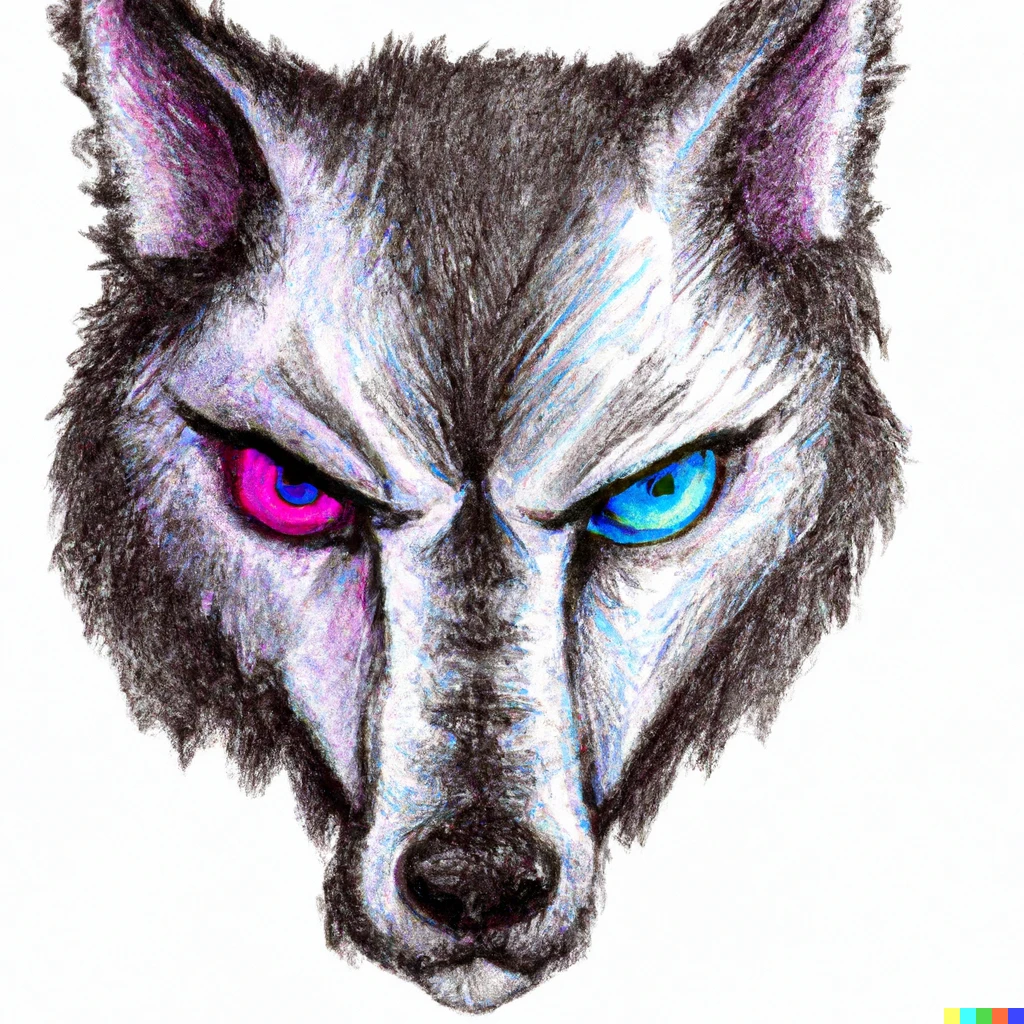 Prompt: A hand drawn sketch of a wolf with an eye in blue and the other eye in purple.