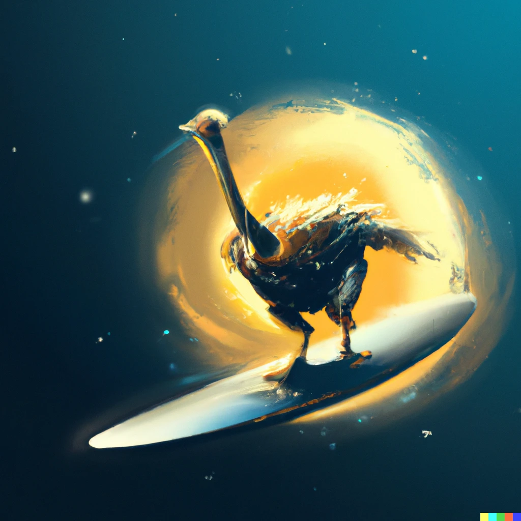 Prompt: A fusion reactor ostrich surfing through space on a magnificent board, digital art