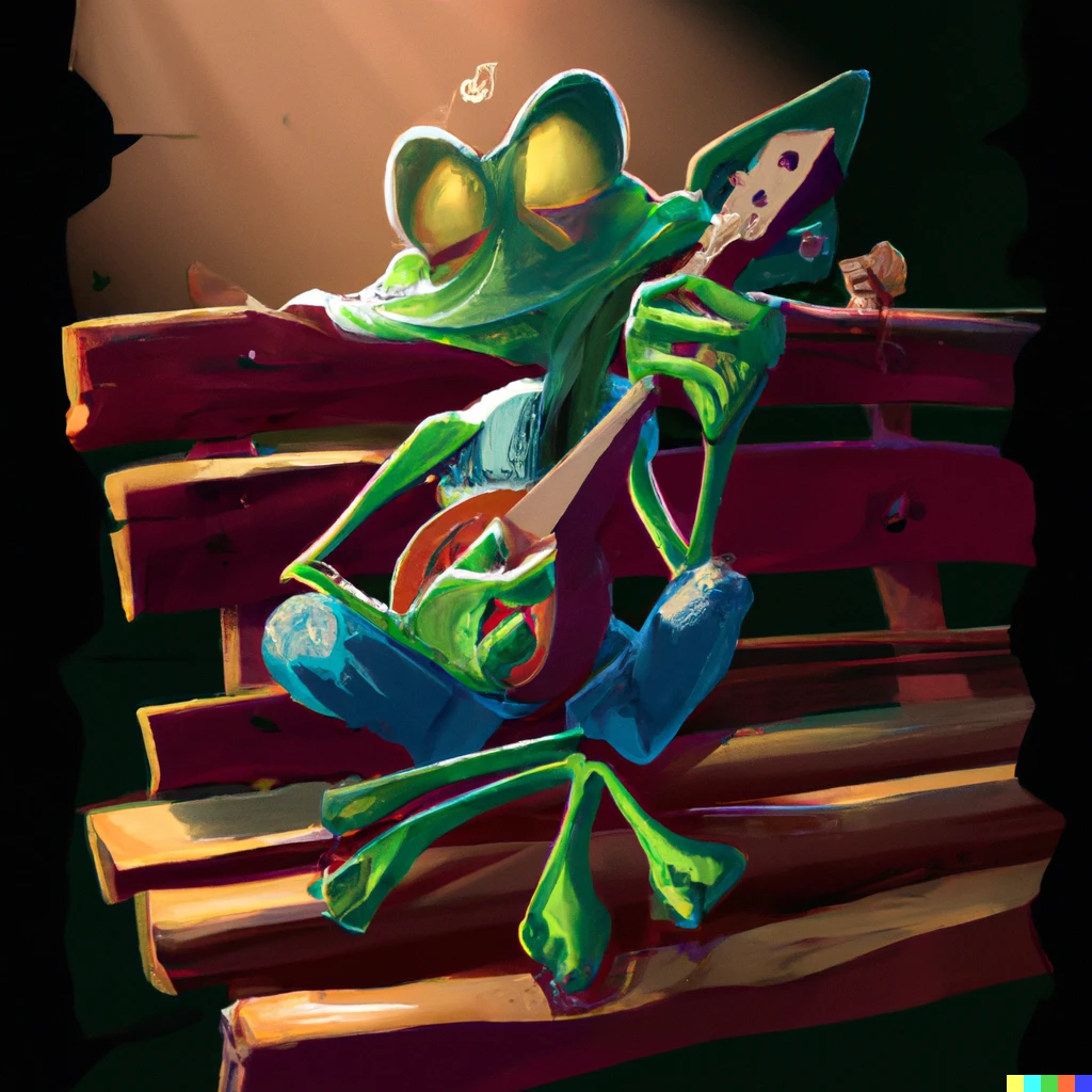 Prompt: An old Kermit the frog sitting on a bench playing guitar in the style of 1990s Disney cell shading, romantic