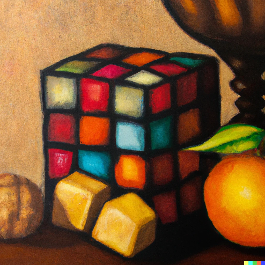 Prompt: A Rembrandt painting of a Rubik’s Cube sitting in a still life of fruit. 
