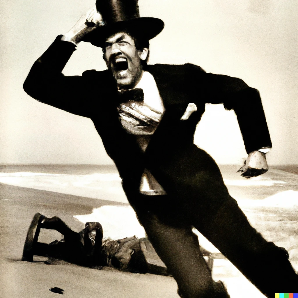 Prompt: 35mm photo of Abraham Lincoln in a top hat, wrestling with depression, and charging up Omaha beach.