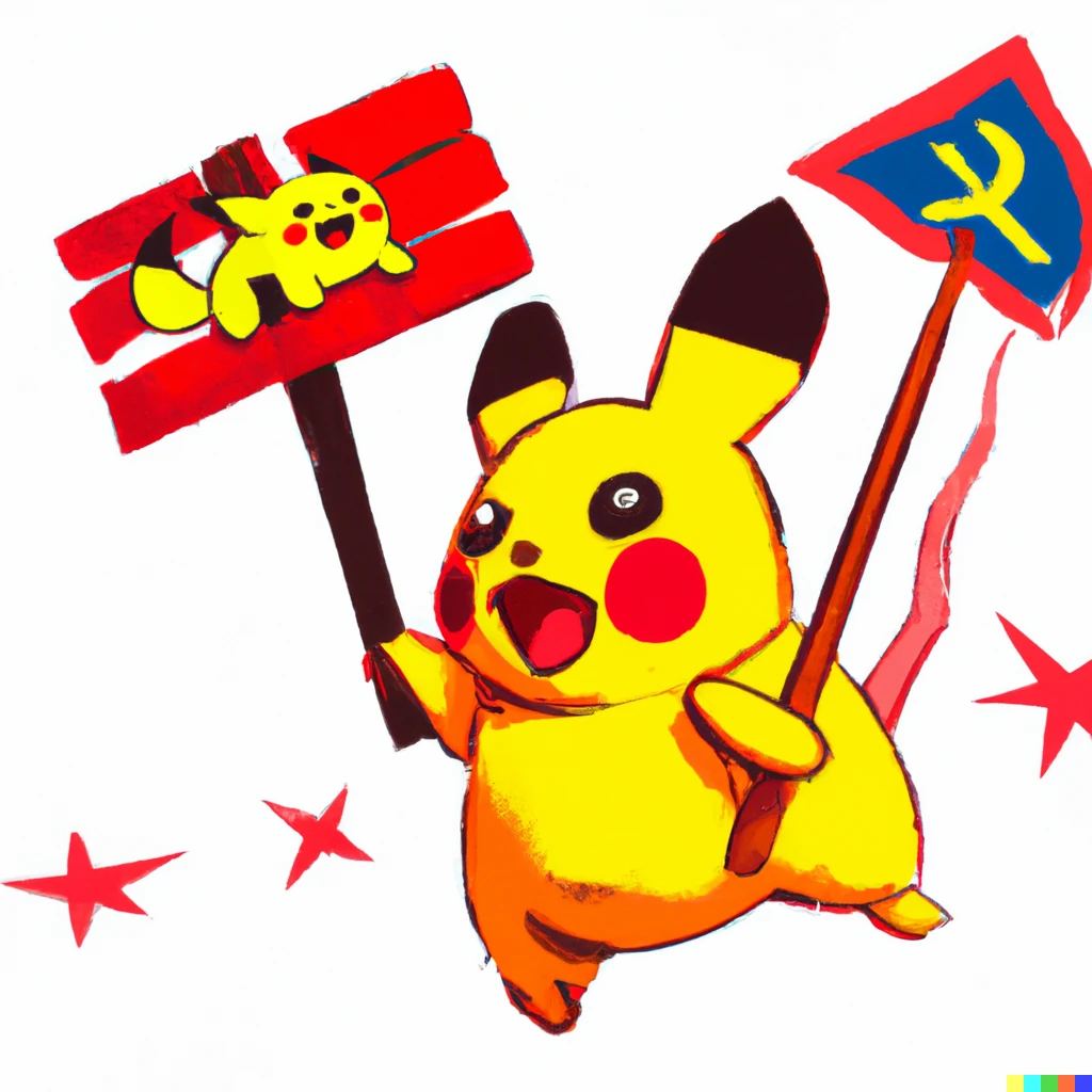 Prompt: Pikachu stained with communism is carrying out a strike