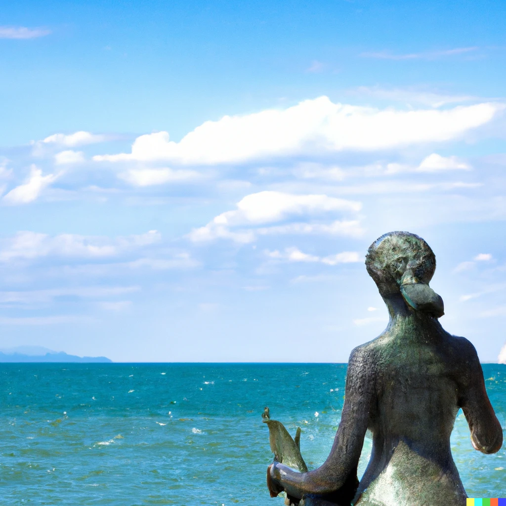 Prompt: The goodbye of the bronze lady in the sea with blue sky