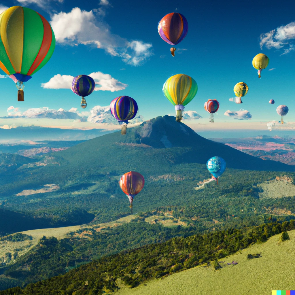 Prompt: A mountain landscape with air baloons filling the sky