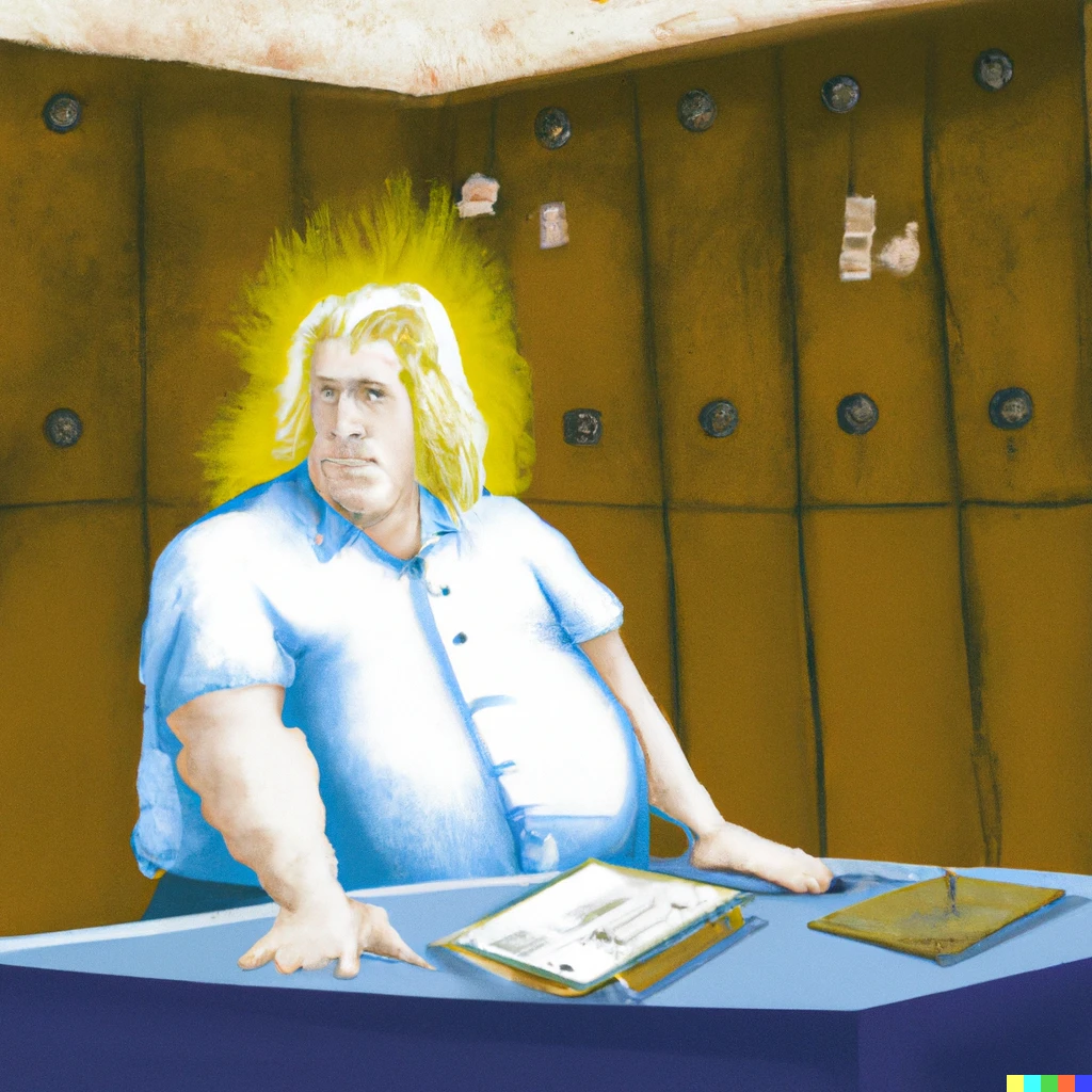 Prompt: A tall white overweight man with blond hair hiding nuclear secrets in his office as a painting 