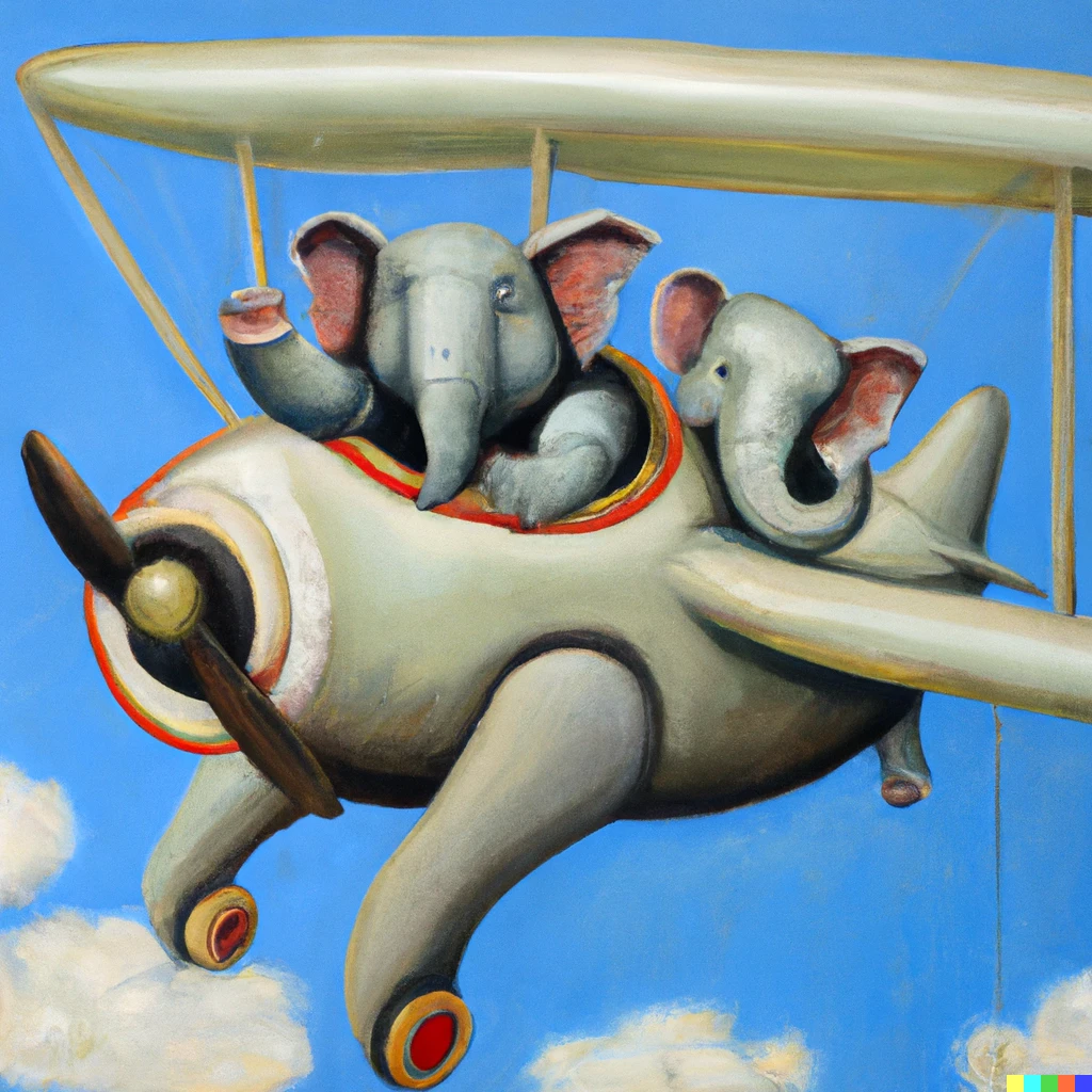 Prompt: Elephants sitting in side an aeroplane excited about their holiday oil painting by beryl cook